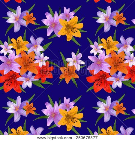 Pattern Of Bouquets Of Lilies On A Blue Background.the Pattern Of Bouquets Of Lilies.