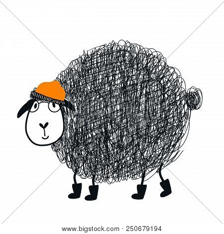 Cute Hand Drawn Nursery Poster With Cool Cartoon Sheep Animal Character With Glasses And A Cap. Vect