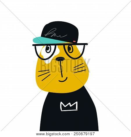 Cute Hand Drawn Nursery Poster With Cartoon Cool Cat Animal With Glasses And Baseball Cap. Vector Il