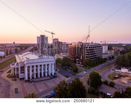 Riga, Latvia. July 20, 2018. Aerial Sunset View Over Riga Near Jauna Teika District By The Vef Castl