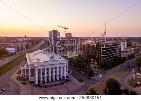 Riga, Latvia. July 20, 2018. Aerial Sunset View Over Riga Near Jauna Teika District By The Vef Castl