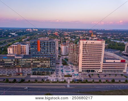 Riga, Latvia. July 20, 2018. Aerial Sunset View Over Riga Near Jauna Teika District By The Vef Castl
