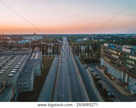 Riga, Latvia. July 20, 2018. Aerial Sunset View Over Riga Near Jauna Teika District By The Vef Castl