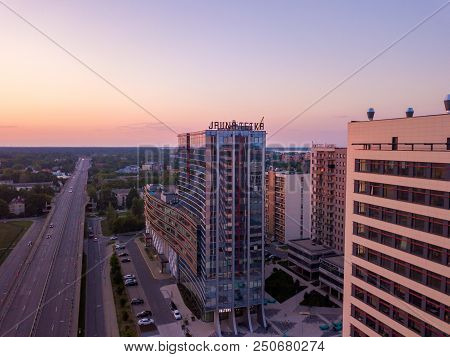 Riga, Latvia. July 20, 2018. Aerial Sunset View Over Riga Near Jauna Teika District By The Vef Castl