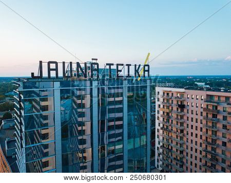 Riga, Latvia. July 20, 2018. Aerial Sunset View Over Riga Near Jauna Teika District By The Vef Castl