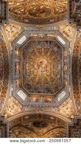 Bergamo, Italy - May 10, 2018: Ceiling And Stucco Ornaments, Murals In The Basilica Of Santa Maria M