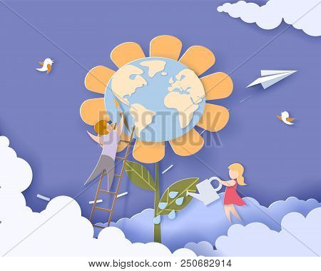 Children Caring For The Earth Flower With Blue Sky Background. Save The Planet Card. Vector Illustra