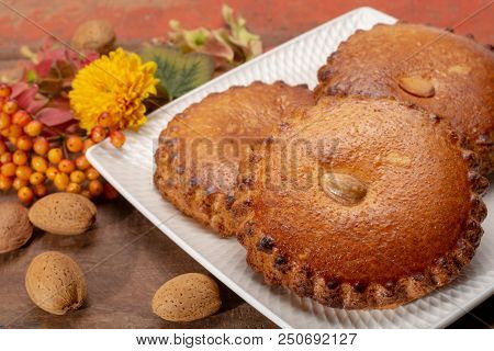 Round Dutch Homemade Cookies Filled With Marzipan And Almonds Nuts, Autumn And Winter Seasonal Desse