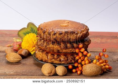 Round Dutch Homemade Cookies Filled With Marzipan And Almonds Nuts, Autumn And Winter Seasonal Desse