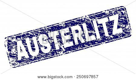 Austerlitz Stamp Seal Print With Distress Style. Seal Shape Is A Rounded Rectangle With Frame. Blue 