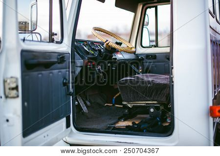 Russia, Novosibirsk - November 23, 2017: Truck Gaz 3309. Cabin Interior Truck