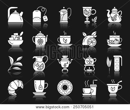 Tea Silhouette Icons Set. Isolated Web Sign Kit Of Cup. Tea Time Pictogram Collection Includes Teasp