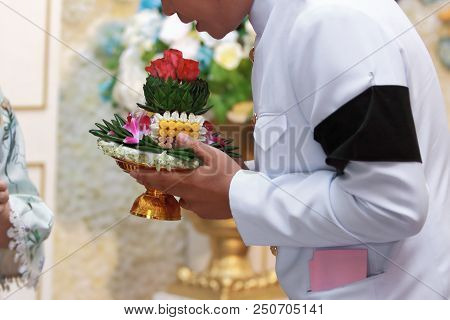 Groom Holding Tray Of Gifts Or Khan Makk In Thai Traditional Wedding Ceremony.