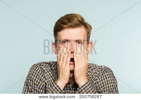 Omg Unbelievable Shock Amazement. Dumbfounded Man With Open Mouth. Portrait Of A Young Guy On Light 