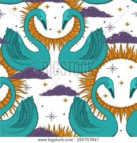 Sketch Graphic Illustration Beautiful Seamless Pattern Bird Swan Color With Mystic And Occult Hand D