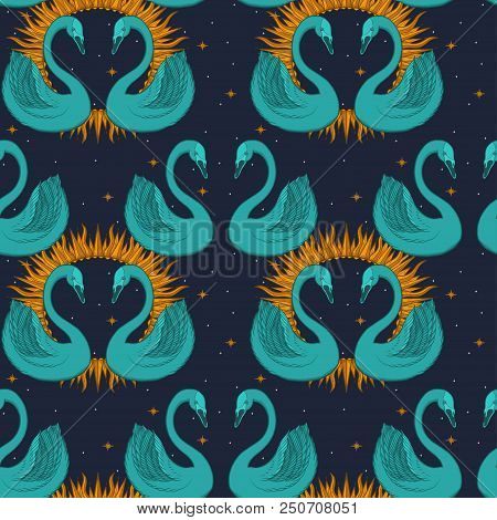 Sketch Graphic Illustration Beautiful Seamless Pattern Bird Swan Color With Mystic And Occult Hand D