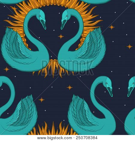 Sketch Graphic Illustration Beautiful Seamless Pattern Bird Swan Color With Mystic And Occult Hand D