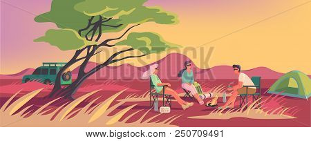 Summer Or Winter Camp In A Desert. Landscape With Green Tent, Campfire, Forest, Desert, Man, Women, 