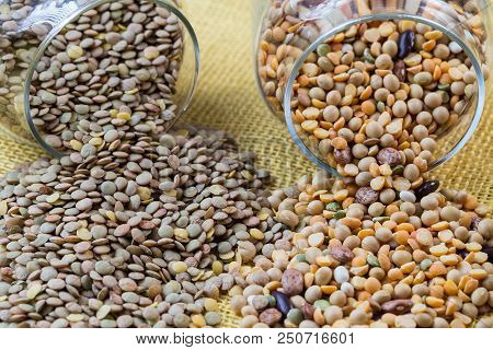 Glass Jars With Various Legumes - Beans, Oatmeal Flakes, Peas And Lentils. Cooking, Diet, Vegan And 