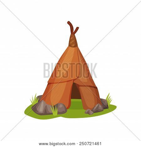 Cartoon Illustration Of Ancient Man Hut On Green Grass Surrounded By Small Stones. Home Of Prehistor