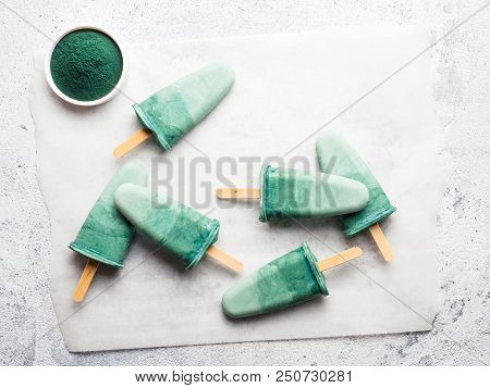 Superfood Spirulina Popsicles. Ideas And Recipes For Healthy Breakfast, Summer Vegetarian Snack Or V