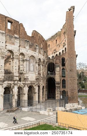 Architectural Detail At The Colosseum, Amphitheatrum Novum, Amphitheatrum Flavium, Rome, Italy, Euro