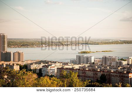 Saratov, Russia, View Of The Houses, The Volga River, The Bridge To Engels. The Landscape Of The Cit