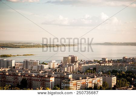 Saratov, Russia, View Of The Houses, The Volga River, The Bridge To Engels. The Landscape Of The Cit