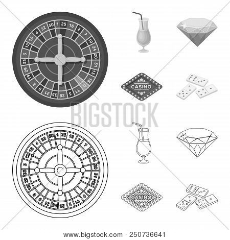 Roulette, A Glass With A Drink, A Diamond, A Sign With The Inscription Casino. Casino And Gambling S