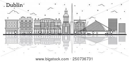 Outline Dublin Ireland City Skyline with Historic Buildings and Reflections Isolated on White. Dublin Cityscape with Landmarks.