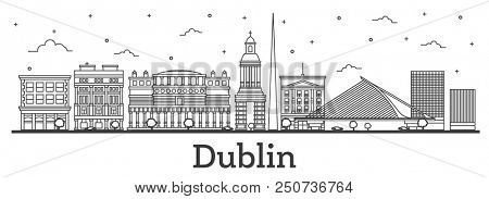 Outline Dublin Ireland City Skyline with Historic Buildings Isolated on White. Dublin Cityscape with Landmarks.