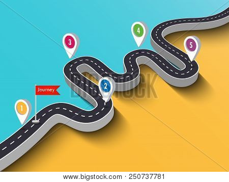Road Trip And Journey Route. Business And Journey Infographic Design Template With Pin Pointer. Wind