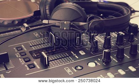 Headphone On Dj Mix Console And Music Mixer