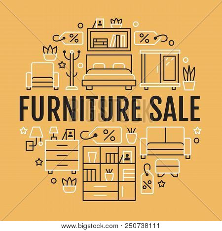 Furniture Sale Banner Illustration With Flat Line Icons. Living Room, Bedroom, Home Office Chair, Ki