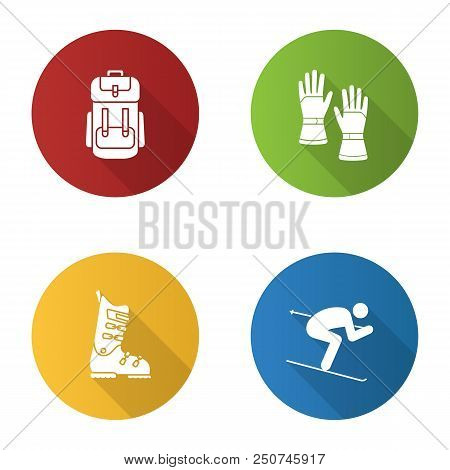 Winter Activities Flat Design Long Shadow Glyph Icons Set. Backpack, Skiing Gloves And Boots, Skier.