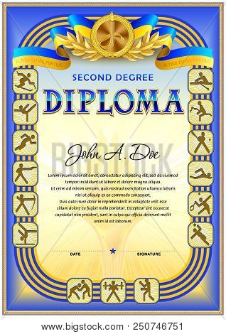Sport Diploma Blank Template. Blue Color Gamma, Second Degree. Hard Vintage Decoration.