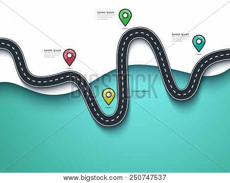 Road Trip And Journey Route. Business And Journey Infographic Flat Design Template With Pin Pointer.