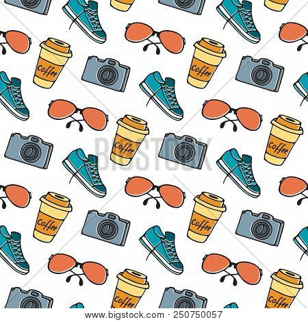 Cup Of Coffee On Takeaway, Glasses, Camera, Sneakers Seamless Pattern Hand Drawing Doodle