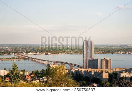 Saratov, Russia, View Of The Houses, The Volga River, The Bridge To Engels. The Landscape Of The Cit