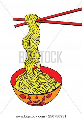 Doodle Noodle At Bowl And Stick. Hand Drawing