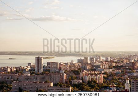 Saratov, Russia, View Of The Houses, The Volga River, The Bridge To Engels. The Landscape Of The Cit
