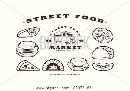 Stock Vector Set Of Fast Food Icons And Elements. Design In Thin Line Style. Black Print On White Ba