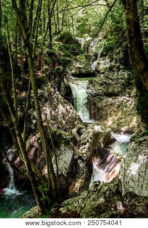 Idyllic Mountain River In Lepena Valley, Soca - Bovec Slovenia.