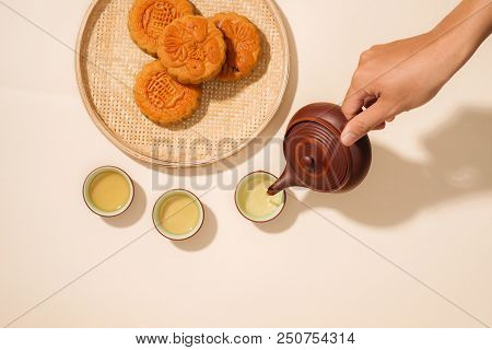 Mid-autumn Festival Still Life Close-up. Mooncakes, Which Are Vietnamese Pastries Traditionally Eate
