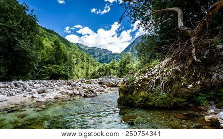 Idyllic Mountain River In Lepena Valley, Soca - Bovec Slovenia.