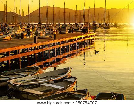 Gulf Of Poets Of Lerici Town In La Spezia Province At Sunset. Sailing Boats And Motor Boats In The T
