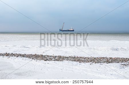 Gas Station In Winter At Sea, Oil Tower In The Winter Sea
