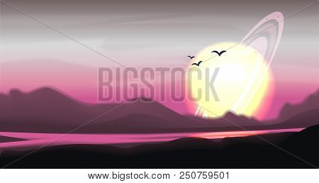 Fantastic Colored Panorama, Fantasy Vector Landscape. Space Vector Sci-fi Background, Gas Giant With