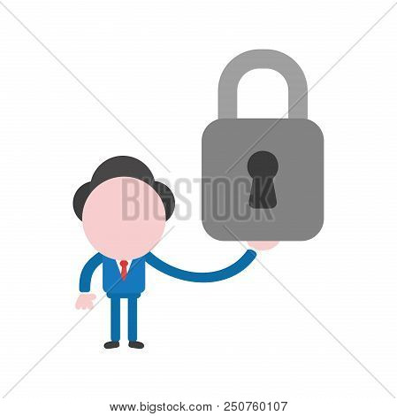 Vector Cartoon Illustration Concept Of Faceless Businessman Mascot Character Holding Closed Padlock 