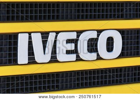 Spain, Barcelona - July 14, 2018: Logo Of The Italian Car Company Iveco On The Radiator Screen Of Th